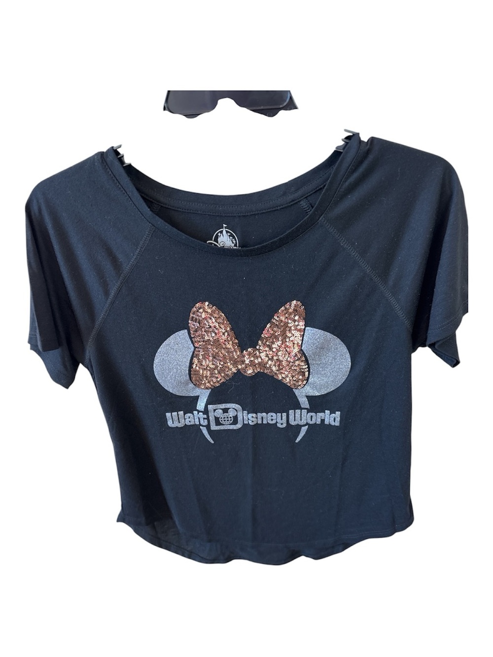 Disney Black Crop Tee with Sequin Rose Gold Bow